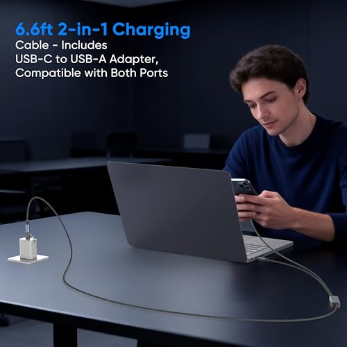 Dual USB C Charging Cable 140W, 2 in 1 USB C Splitter Cable with USB-A Adapter, 6FT Fast Charging PD Cord for MacBook Pro, iPhone 17/16, iPad Pro, Galaxy S25, Steam Deck - size: 6.6FT