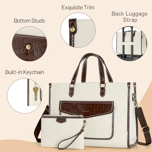 Missnine Tote Bag Canvas Laptop Bag for Women 15.6 inch Casual Work Bags with Clutch Purse Computer 2 PCS Set (Croc-embossed Coffee) - color: Croc-embossed Coffee