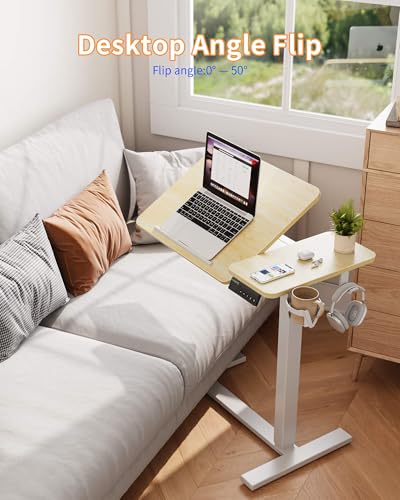 YIHAYO Adjustable Overbed Bedside Table with Wheels, 28 x 16 Inches Electric Mobile Standing Desk, Laptop Desk, Movable Overbed Tables Hospital Home Use, Natural - color: White Frame/Natural Top, size: 28*16 Inch