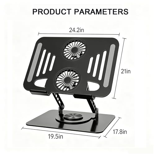 Laptop Stand with Cooling Fan, 360° Rotating Base Aluminum Laptop Riser, Foldable Ergonomic Computer Stand for Desk, Height Adjustable Notebook & All Laptops Up to 17.3" (Black) - color: Black