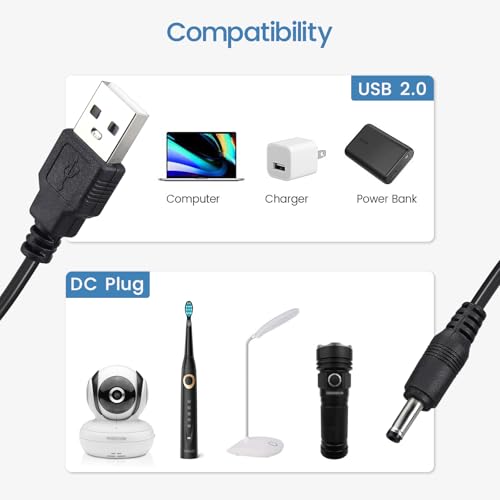 Smays 5-Pack DC 5V Power Cord, USB to DC 3.5mm x 1.35mm Round Barrel Plug Charging Cable 5 ft Black - color: Black
