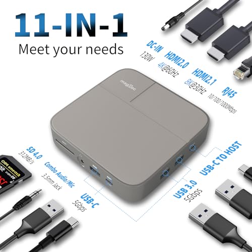 USB C Docking Station Dual Monitor 4K@60Hz or Single 8K@30Hz with 2 HDMI for Windows Laptops,11-in-1 Laptop Docking Station with 5 USB A/C, SD, Gigabit Ethernet, Audio, 130W AC Power Supply