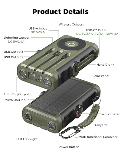 Solar Charger Power Bank Kit: 20000mAh Wireless Portable Charger with 10W Foldable 5 Panels Storage Bag,Hand Crank Emergency & 20W PD Fast Charging External Battery Pack for Camping Travel