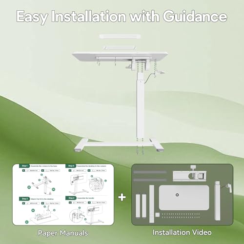 Foldable Mobile Standing Desk 180° Tilt Adjustable on Wheels | 32inch Pneumatic Portable Rising Desk with 4 Hidden or Lockable Casters, Rolling Overbed Bedside Table for Home Office, White - color: White