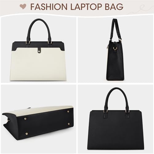 RAINSMORE Laptop Bag for Women 15.6 Inch Laptop Tote Bag Leather Work Bag Waterproof Womens Briefcase Business Office Computer Tote Large Capacity Handbag, Beige and Black - color: Beige and Black