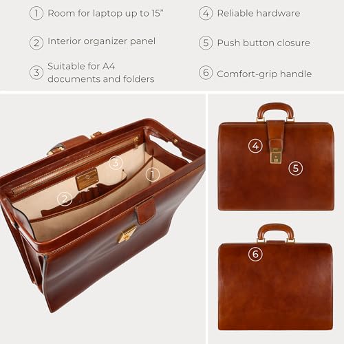Time Resistance Leather Lawyer Briefcase - Italian Handmade Laptop Briefcase for Men and Women - Attache Case - Doctor Bag - color: Cognac