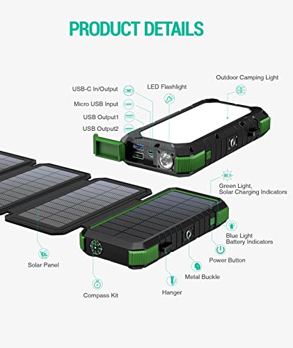 BLAVOR Solar Charger Power Bank, PD 18W Fast Charging 20000mAh Battery Pack with 4 Foldable Panels, Portable Solar Powered USB C Charger with Camping Flashlight Compass Carabiner for Cell Phone - color: Green
