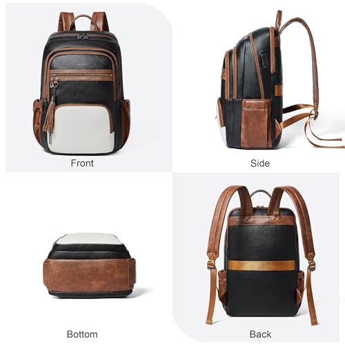 Shrrie 17 Inch Laptop Backpack for Women,Vegan Leather Backpack Purse,28L Work Business College Travel Computer Backpacks with Giant Tumbler Holder & USB Charger,Black and Beige with Caramel Brown - color: Black and Beige With Caramel Brown