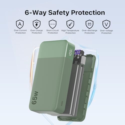 NOBIS 20000mAh Battery Pack Power Bank 65W Power Bank, Portable Charger with Digital Display, Dual USB-C/USB-A Fast Charging for Laptop, Phone, Tablet, Travel-Friendly External Battery Pack - color: Green