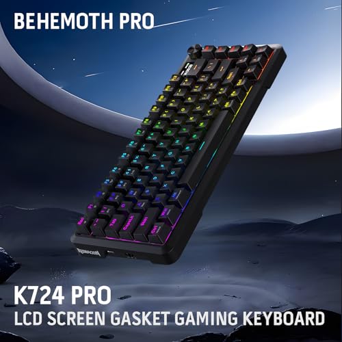Redragon K724 PRO Wireless 81-Key Gasket Gaming Keyboard with Screen & Knob | Easy-Control LED Info Display, 0-Delay Tri-Mode, Cushioned 5-Layer Noise Dampening for Creamy Thocky Sound, Compact 80% Size - color: Black, size: 81 Keys + LCD Screen