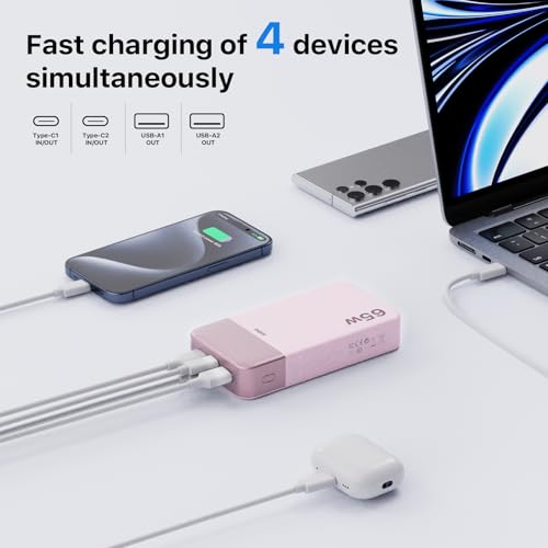 JUOVI Portable Charger 65W Power Bank 20000mAh Compact USB C Laptop Power Bank Fast Charging Battery Pack for Laptop MacBook Dell XPS iPad Tablet Steam Deck iPhone 17/16/15/14 Series Samsung and More - color: Pink