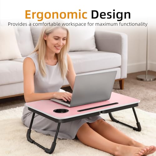 BUYIFY 23.4" Foldable Lap Desk Bed Table with Cup Holder Tray Rose Pink | Portable Folds Flat for Easy Storage, No Assembly Laptop Bed Desk, Sturdy and Lightweight, Patent Design - color: Rose Pink