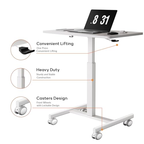 CROWNFURN Mobile Small Standing Rolling Desk Adjustable Height, Portable Laptop Desk on Wheels, Workstation for Home Office with Hook,White