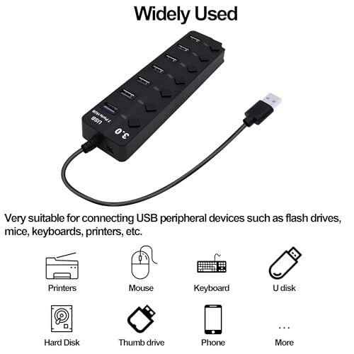 7-Port USB 3.0 Hub Multi Functional 1 to 4 Splitter 5Gbps Data Transfer USB 3.0 Extender with Individual LED Power Switches, for Laptop,PC,Flash Drive,HDD (USB HUB 7 Ports)