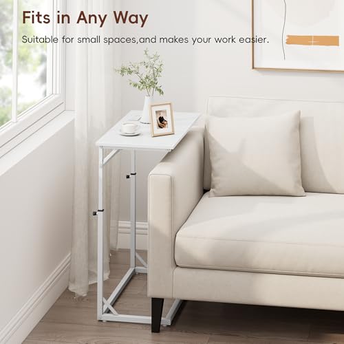 C Shaped End Table with Charging Station, C-Table End Table Adjustable Height Side Table for Couch, Large Couch Table, Slide Under Sofa Table TV Tray Arm Table for Living Room, Bedroom, White - color: White, style: With Plug