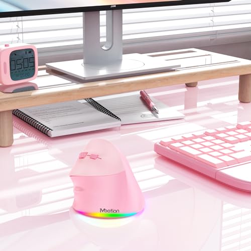 MEETION Left-Handed Wireless Ergonomic Vertical Mouse, Rechargeable - Pink | Dual Bluetooth 5.2/3.0 + USB, RGB lighting, 4 adjustable DPI, compatible with Windows, Mac, PC, iPad and tablets - color: Left Pink