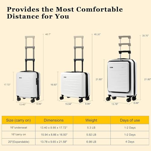 CENSIEN 16 Inch Underseat Carry On Luggage Airline Approved, Expandable Lightweight ABS+PC Hard Shell Suitcases with 360° Spinner Wheels, TSA Lock, YKK Zipper, for Business Weekender (White, 1 PC) - color: White, size: Underseat - 16 Inch - EXT