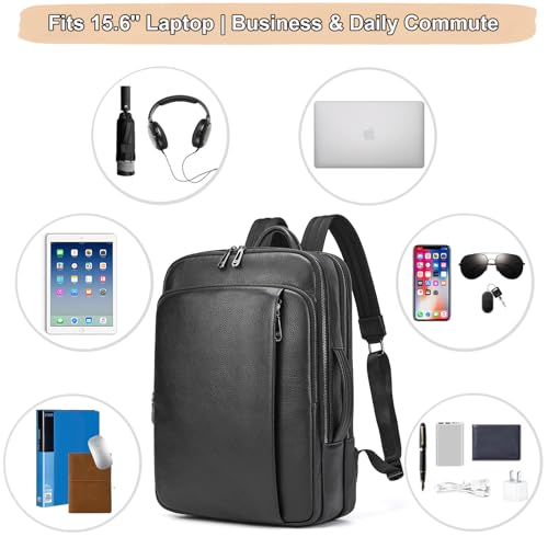 Men's Genuine Leather 15.6 Inch Laptop Backpack, Multi Compartment Business Travel Daypack for Daily Commute Office Work Professional Use - color: 21y-black