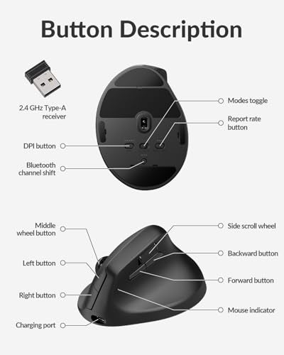 Keychron M5 8K Vertical Ergonomic Mouse Wireless, 2.4 GHz/Bluetooth 5.3/Wired Computer Mice Rechargeable, 5 Levels Up to 30K DPI with Programmable Buttons for Laptop macOS/Windows - Black - size: PixArt 3950 (8K Polling Rate)