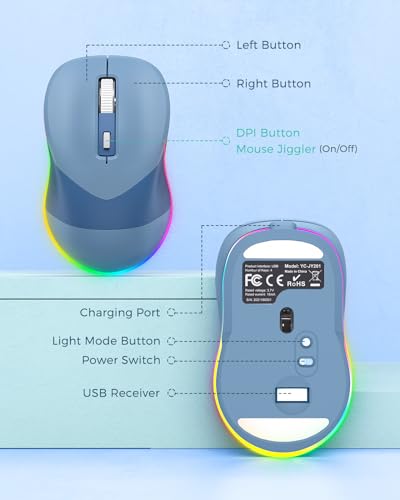 PEIOUS Wireless Jiggler Mouse for Laptop Keeps Computer Awake, Light Blue | 2-in-1 rechargeable LED mouse with jiggler mode, random movement, On/Off control, and plug-and-play USB - color: Blue