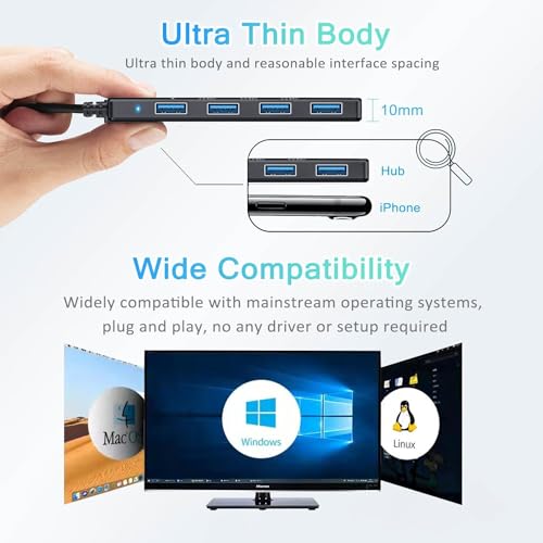 USB 3.0 Hub, VIENON USB Hub with 4 USB 3.0 Female Ports, USB Splitter USB Extender for PC, Laptop, Flash Drive, HDD, Console, Printer, Camera,Keyborad, Mouse-2ft - size: 2FT