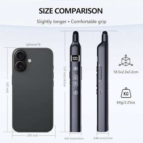 N21 Bluetooth Presentation Clicker for PowerPoint with Retractable Pointer | ①Red laser ②Telescopic touch pen ③Countdown timer, vibration alert ④Customizable Button ⑤Rechargeable;battery level display - color: Black - Red Pointer