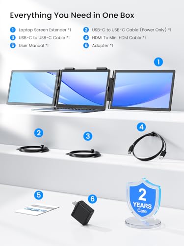 UPERFECT Laptop Screen Extender, 14'' Wireless Triple Portable Monitor, Ultra-Slim Dual Travel Monitor 125% sRGB One Cable Plug -Play Extender Monitor for MacOS/Win/Android, Fits 13.3-17.3" Laptops - size: 14"