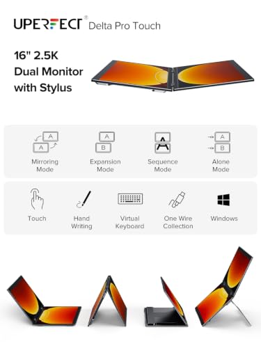 UPERFECT Delta Pro Touch Portable Monitor, 16" 2K Laptop Screen Extender, Touchscreen Dual Monitor with Stylus, First Pressure-Sensitive Touch Display, Stacked Folding Vertical Dual Screen with Stand - size: 16"