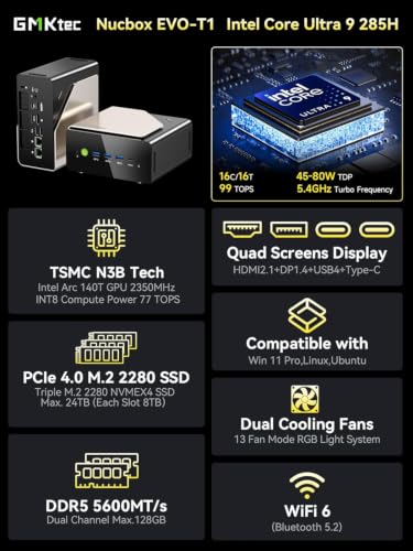 GMKtec AI Mini PC Ultra 9 285H (Turbo 5.4GHz) 32GB DDR5 1TB PCIe 4.0 SSD | Mini Gaming Computer 3X M.2 Expansion Slots, Oculink, Quad Screen 8K Display EVO-T1 - size: 32GB+1TB I 285H