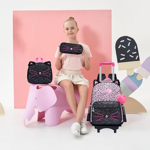 Rolling Backpack for Girls,Lightweight Backpack with Wheels for Kids 8-12,Wheeled School Backpack with Removable Trolley - color: Black Pink Cat
