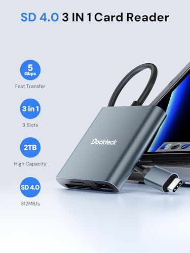 Dockteck SD Card Reader Adapter, 312MB/s SD4.0 Super Speed, USB3.1 SD/TF Card Reader, 3-Slot USBC to SD/Micro SD/USB A Memory Card Reader for UHS-Ⅱ-ⅠSD/Micro SD/SDHC/SDXC/MMC, with OTG for Plug&Play