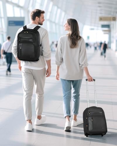 Ponhog Rolling Laptop Backpack with Wheels Carry On Laptop Bag | Airline Approved Water Resistant Travel Backpack, Fits 15.6 Inch Laptop, for Business Travel, College School, Black