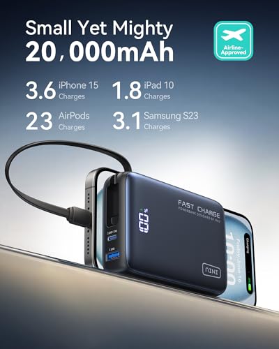 INIU Portable Charger, 20000mAh 20W Power Bank with Built-in USB-C Cable, Portable Phone Charger for iPhone 15/14/13/12/11, Samsung S22/S21, Google, AirPods, iPad, etc.