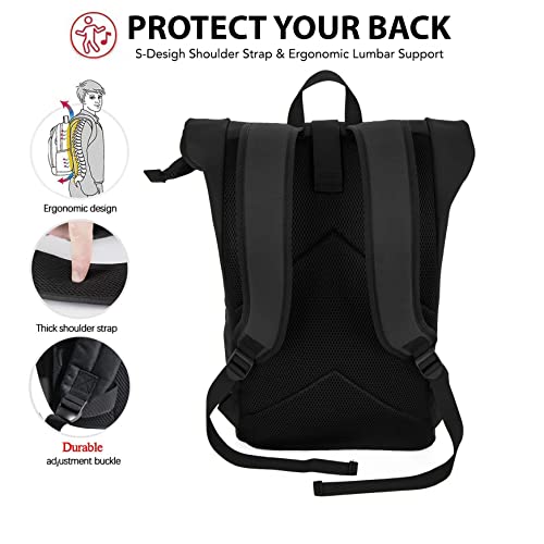X RAY Roll Top Laptop Backpack for Men Women, PU Leather Expandable Roll Up Backpack Capacity Adjustable 22L & Fits 15.6" Laptop, Black/Red - color: Black/Red