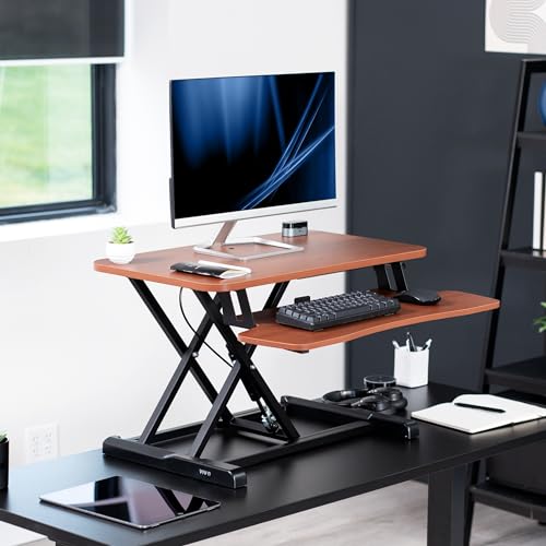 VIVO Dark Walnut 28 inch Standing Desk Converter, DESK-V028KA | Height Adjustable, Stand Up Desk Riser, Wide Keyboard Tray, Dual Monitor and Laptop Workstation, Black Frame, K Series - color: Dark Walnut, size: 28"