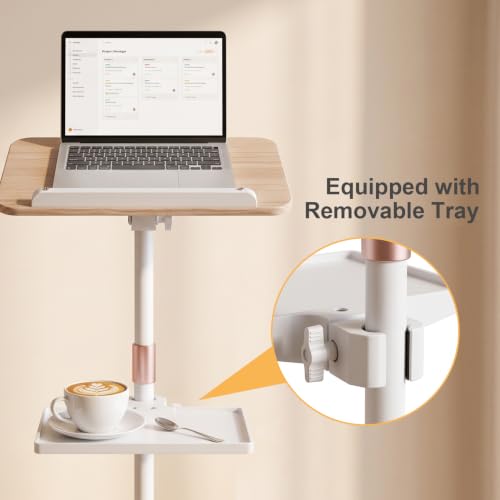 2 in 1 Dual-use Music Stand & Desktop Book Stand, Adjustable Height 16.5"-51", 100% Solid Wood Laptop Floor Stand Book Holder with Elastic Page Clips for Cookbooks (White with Tray) - color: White With Tray