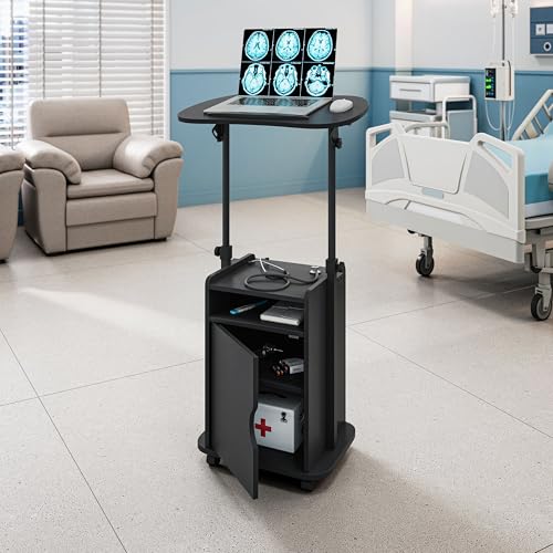 Techni Mobili Adjustable Laptop Cart w/Storage, Rolling Mobile Desk, Black | Adjustable laptop cart with storage cabinet, shelf, locking wheels, sit‑stand height for home office, bedside, classroom - color: Black