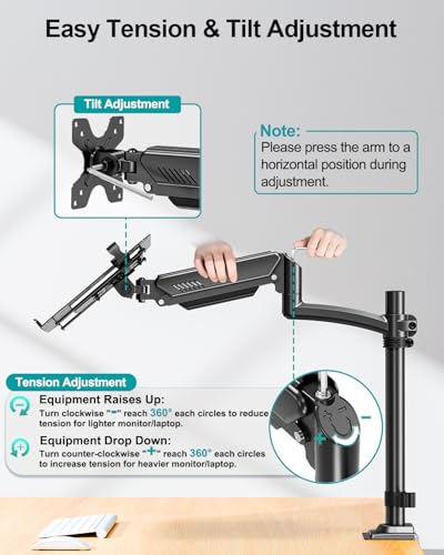 MOUNT PRO Laptop Arm Desk Mount, Single Monitor Stand with VESA Laptop Tray, Adjustable Lap Top Holder for Max 22lbs 17" Notebook & 32" Computer Screen, Swivel Notebook Bracket, Clamp on/Grommet Base - size: With Pole