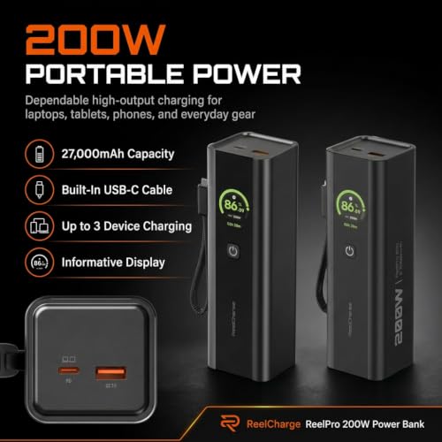 ReelPro 200W 27000mAh Power Bank, Portable Charger with 140W USB C Wristlet Cable, LED Display, Fast Charging for Laptop, iPhone, and iPad (Gray)
