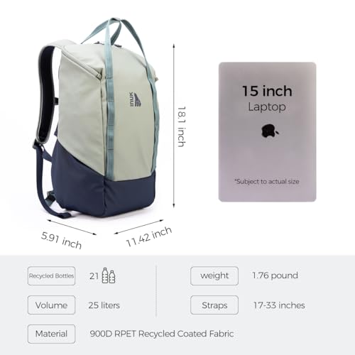 INUK Travel Laptop Backpack, 25L Recycled Waterproof Light Daypack | Dual laptop pockets, soft light foam straps, recycled wear-resistant fabric, water repellent coating, Sage Leaf - color: Sage Leaf