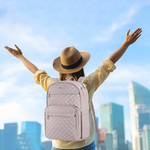 KROSER Laptop Backpack for Women 15.6 Inch Stylish Daypack with USB Charging Port, Water-repellent Nylon Backpack for Travel/Business, Dusty Pink | Water-repellent fabric, multi-compartment,adjustable shoulder straps and luggage strap-Grey Pink - color: D