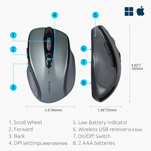 Kensington Pro Fit Mid-Size Wireless Mouse, Graphite Gray (K72423AM) | Comfortable mid-size grip, wireless connection, reliable everyday desktop and laptop use - color: Graphite Gray