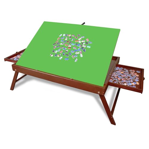 Solid Wood Puzzle Table with Tilt Adjustable Desktop, Portable Jigsaw Puzzle Board with Drawers, Non-Slip Felt Surface, Puzzle Table with Legs (Red-Brown) - color: Red-brown