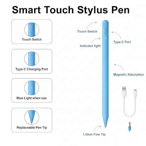 Stylus Pen for iPad Pencil 11th&10th,Pencil with Palm Rejection Tilt Sensitivity,Apple Pen 2018-2025 for Apple iPad A16/11/10/9/8/7/6th,Pro 12.9"/11"/13" M5/M4,Air M3/M2/5/4/3,Mini A17/6th/5th-Blue - color: Blue