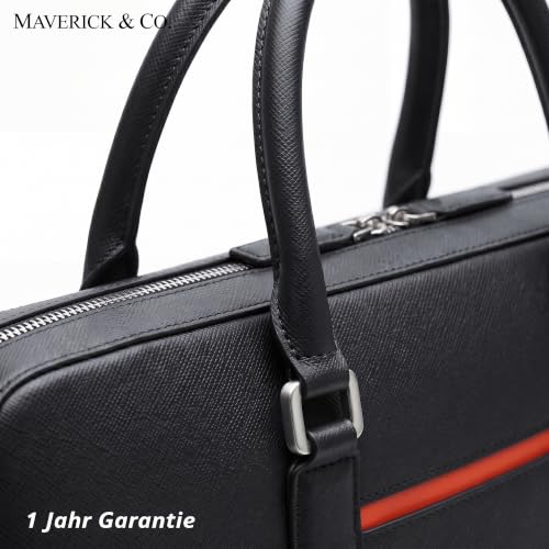 Maverick & Co. Manhattan Genuine Saffiano Leather Briefcase for Men - Slim Professional Laptop Bag for Work & Business Travel, Fits 16" Laptop (Black-Racing Red)