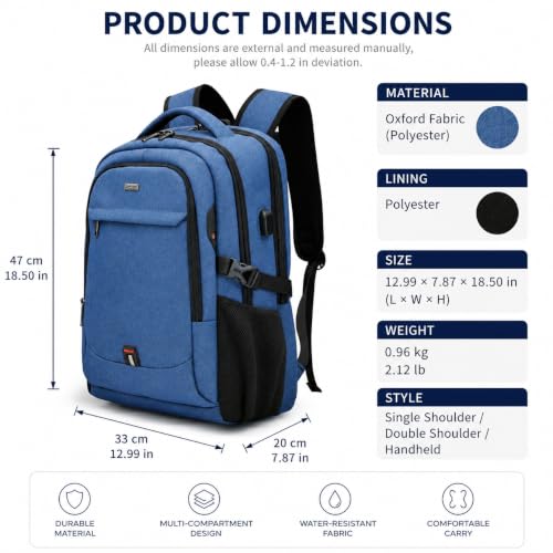 Travel Laptop Backpack with USB Port, Reflective Business Bag (Denim Blue) - color: Denim Blue