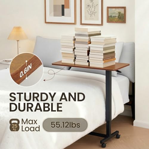 Careboda Overbed Table with Wheels Pneumatic Height Adjustable-Brown | Rolling Bedside Table for Home Hospital&Office