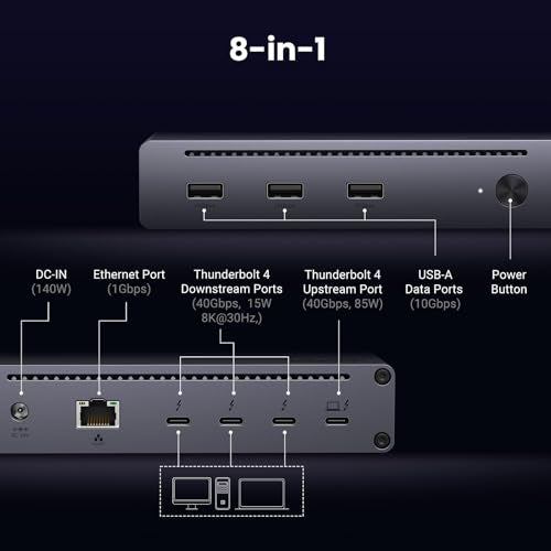 UGREEN 8-in-1 Thunderbolt 4 Docking Station, Dual 4K@60Hz, 3xTBT4, 40Gbps | Dual 4K/ Single 8K Display, 85W Charging, Gigabit Ethernet, 3xUSB A 10Gbps, Dock for Mac M1/M2/M3/M4 Pro/Max, Revodok Max 208