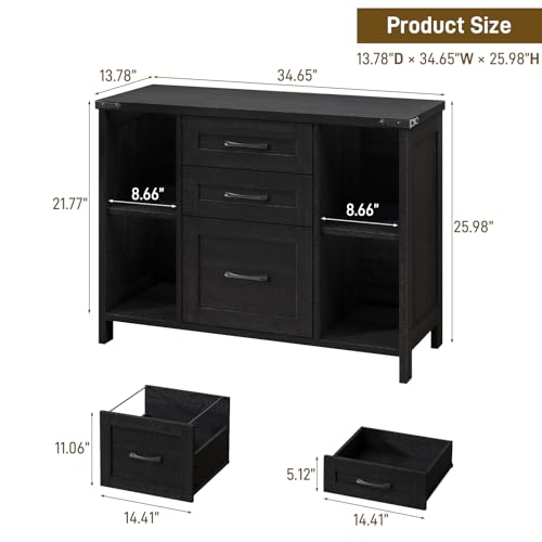 Farmhouse Lateral File Cabinet with 3 Drawers and Shelves, Rustic Black | Halitaa Lateral Filing Cabinet Fits Letter or A4 Size, Wood Printer Stand with Open Storage Adjustable Shelf for Home Office - color: Black