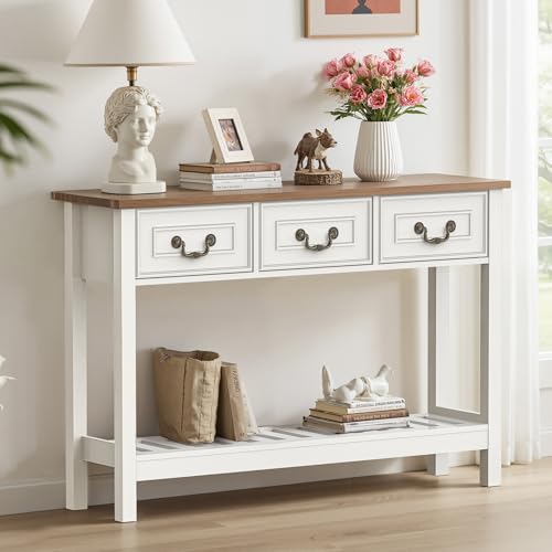 Narrow Console Table with 3 Drawers, Entryway Table with Storage Shelves, Couch Table Behind Sofa, Wood Sofa Table for Living Room, Entryway, Hallway, White - color: White